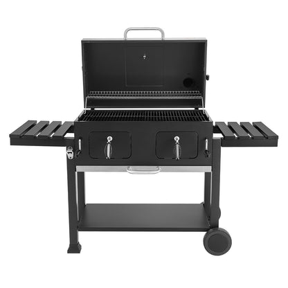 Charcoal Grill, 0.5 m² Large Charcoal Barbecue Grill with 2 Liftable Charcoal Trays & Folding Side Tables, High-Temp Powder-Coated Steel BBQ Cooking Grills for Patio Backyard Party