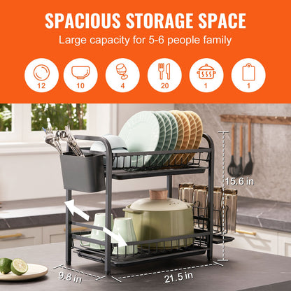 VEVOR Dish Drying Rack, 2 Tier Large Capacity Dish Drainers, Rustproof Carbon Steel