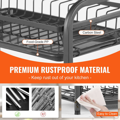 2-Tier Rustproof Carbon Steel Dish Drying Rack with Drainboard, Black