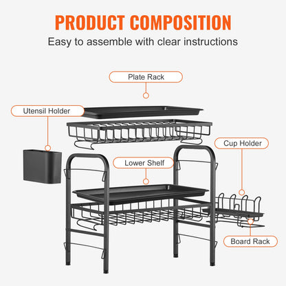 VEVOR Dish Drying Rack, 2 Tier Large Capacity Dish Drainers, Rustproof Carbon Steel