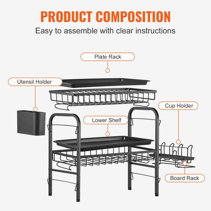 2-Tier Rustproof Carbon Steel Dish Drying Rack with Drainboard, Black