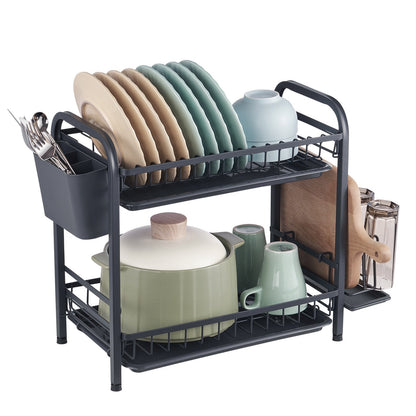 2-Tier Rustproof Carbon Steel Dish Drying Rack with Drainboard, Black