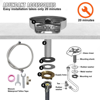 360° Rotating Glass Rinser with 10 Jets & Silicone Pad, Stainless Steel, Black