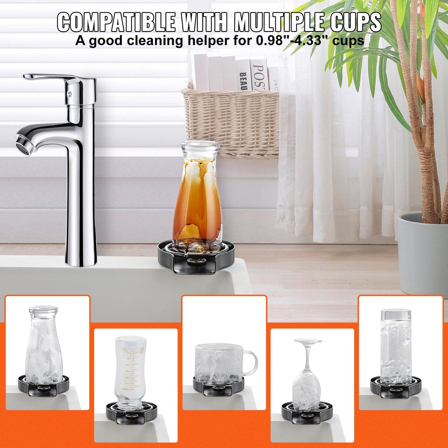 10-Hole 360° Rotating Glass Rinser with ABS Cup Holder, Stainless Steel
