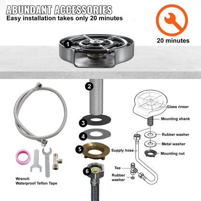 VEVOR Glass Rinser 10-Hole 360° Rotating Stainless Steel Washer ABS Cup Holder