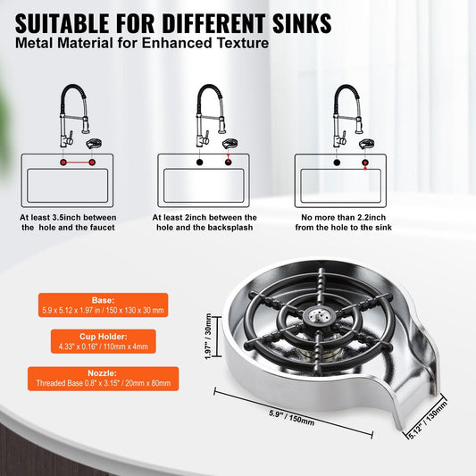 Powerful 360° Rotating Glass Rinser with 10 Jets for Kitchen Sink, Silver Grey Base