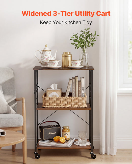 Kitchen Utility Cart, 3 Tier 60 cm Microwave Stand Coffee Cart, Heavy Duty Storage Rack, Service Trolley on Wheels, Industrial Rolling Work Table with 8 Hooks, for Mini Oven, Toaster, Vintage