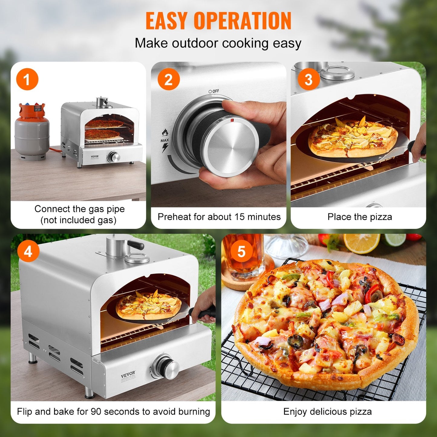 Portable 0.28m Gas Pizza Oven, Stainless Steel, for Outdoor Camping