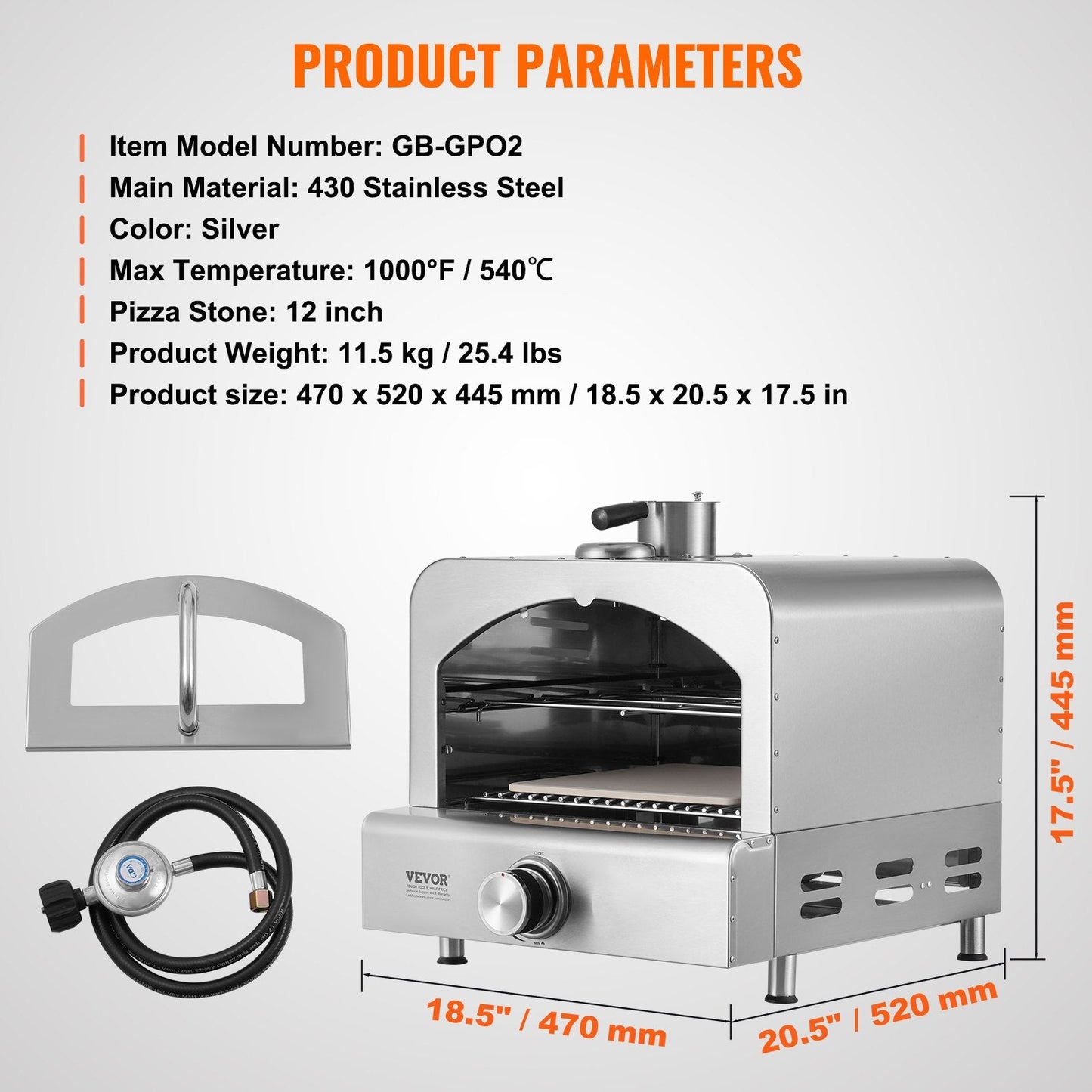 Portable 0.28m Gas Pizza Oven, Stainless Steel, for Outdoor Camping