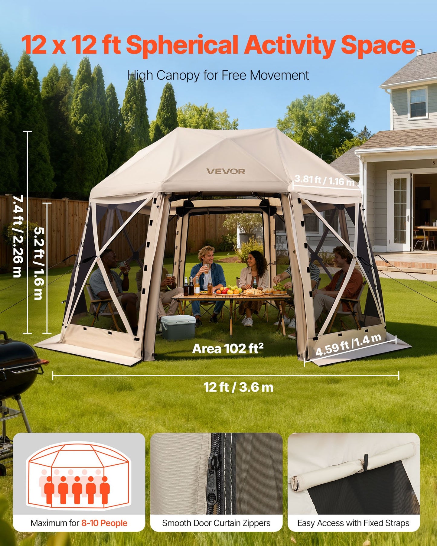 Pop up Gazebo Screen Tent, 3.6x3.6 m, 13-Sided Spherical Camping Canopy Tent with Removable Top & Carry Bag, Quick-Set & Bite-Proof, Screen House Sun Shelter for 8-10 Persons, Beige
