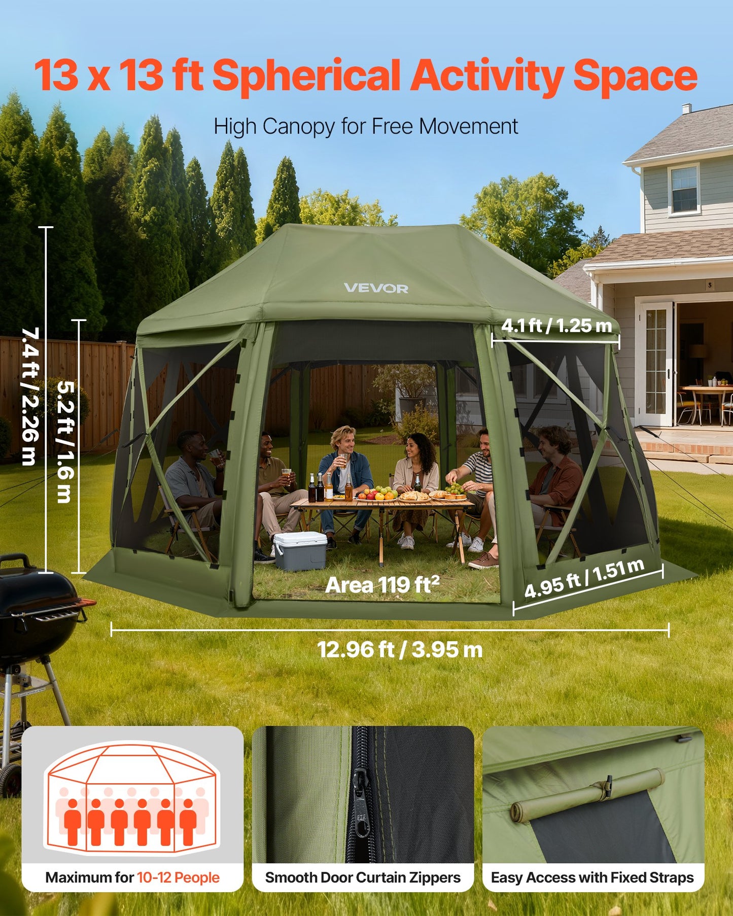 Pop up Gazebo Screen Tent, 3.96 x 3.96 m, 13-Sided Spherical Camping Canopy Tent with Removable Top & Carry Bag, Quick-Set & Bite-Proof, Screen House Sun Shelter for 10-12 Persons, Green