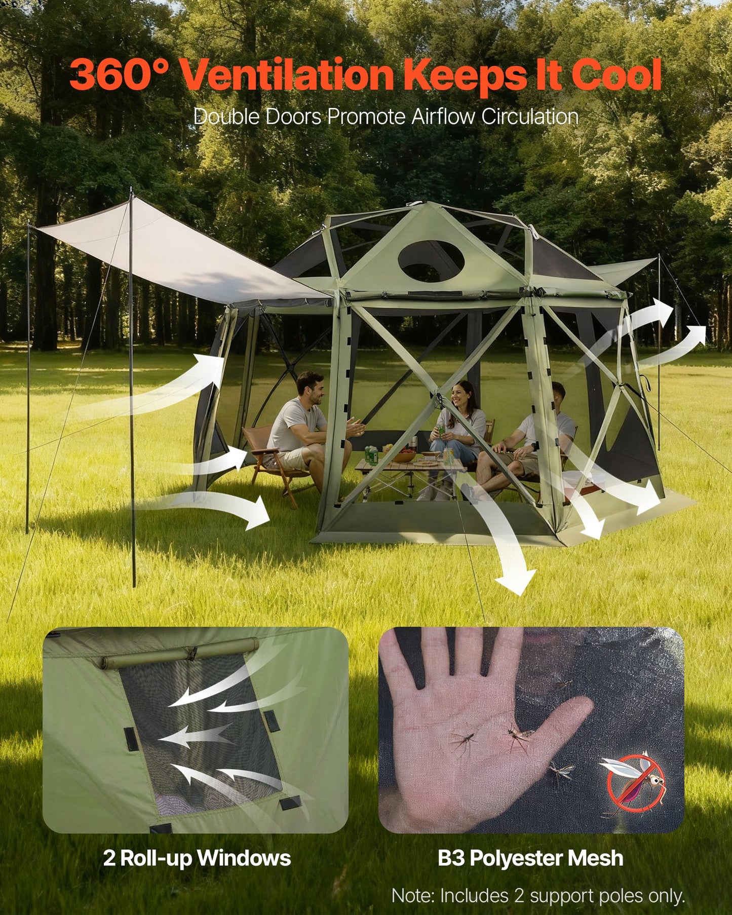 Pop up Gazebo Screen Tent, 3.96 x 3.96 m, 13-Sided Spherical Camping Canopy Tent with Removable Top & Carry Bag, Quick-Set & Bite-Proof, Screen House Sun Shelter for 10-12 Persons, Green