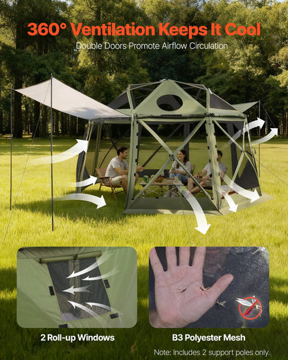 Pop up Gazebo Screen Tent, 3.96 x 3.96 m, 13-Sided Spherical Camping Canopy Tent with Removable Top & Carry Bag, Quick-Set & Bite-Proof, Screen House Sun Shelter for 10-12 Persons, Green