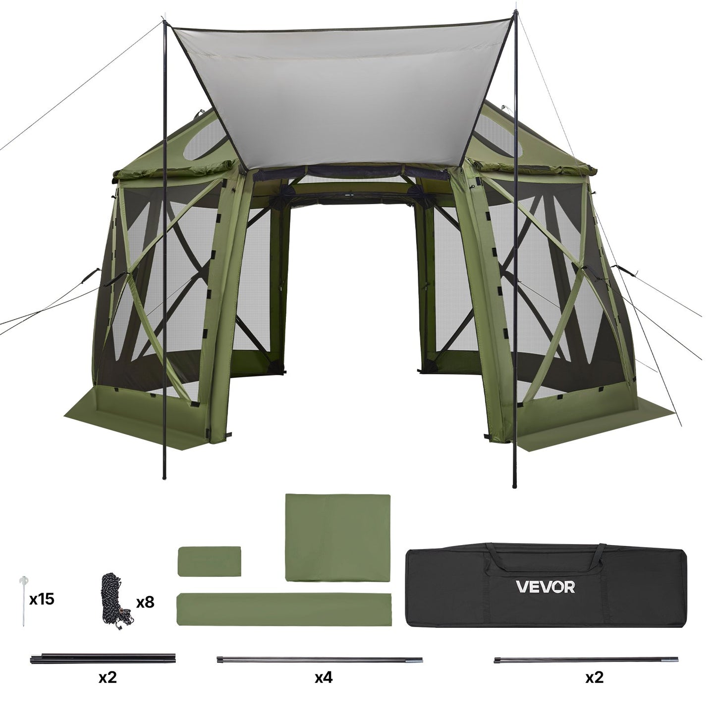 Pop up Gazebo Screen Tent, 3.96 x 3.96 m, 13-Sided Spherical Camping Canopy Tent with Removable Top & Carry Bag, Quick-Set & Bite-Proof, Screen House Sun Shelter for 10-12 Persons, Green
