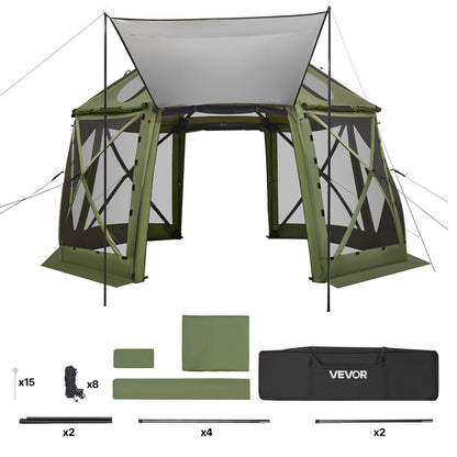 Pop up Gazebo Screen Tent, 3.96 x 3.96 m, 13-Sided Spherical Camping Canopy Tent with Removable Top & Carry Bag, Quick-Set & Bite-Proof, Screen House Sun Shelter for 10-12 Persons, Green