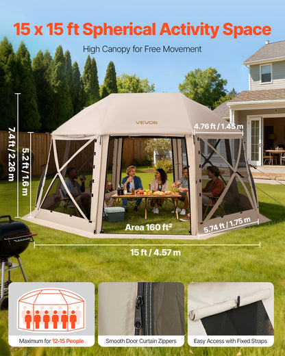 Pop up Gazebo Screen Tent, 4.57 x 4.57 m, 13-Sided Spherical Camping Canopy Tent with Removable Top & Carry Bag, Quick-Set & Bite-Proof, Screen House Sun Shelter for 12-15 Persons, Beige