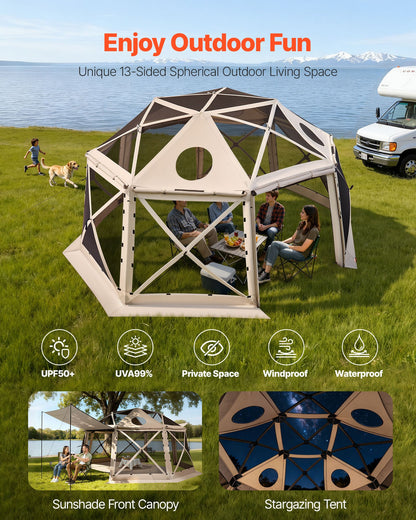 Pop up Gazebo Screen Tent, 4.57 x 4.57 m, 13-Sided Spherical Camping Canopy Tent with Removable Top & Carry Bag, Quick-Set & Bite-Proof, Screen House Sun Shelter for 12-15 Persons, Beige