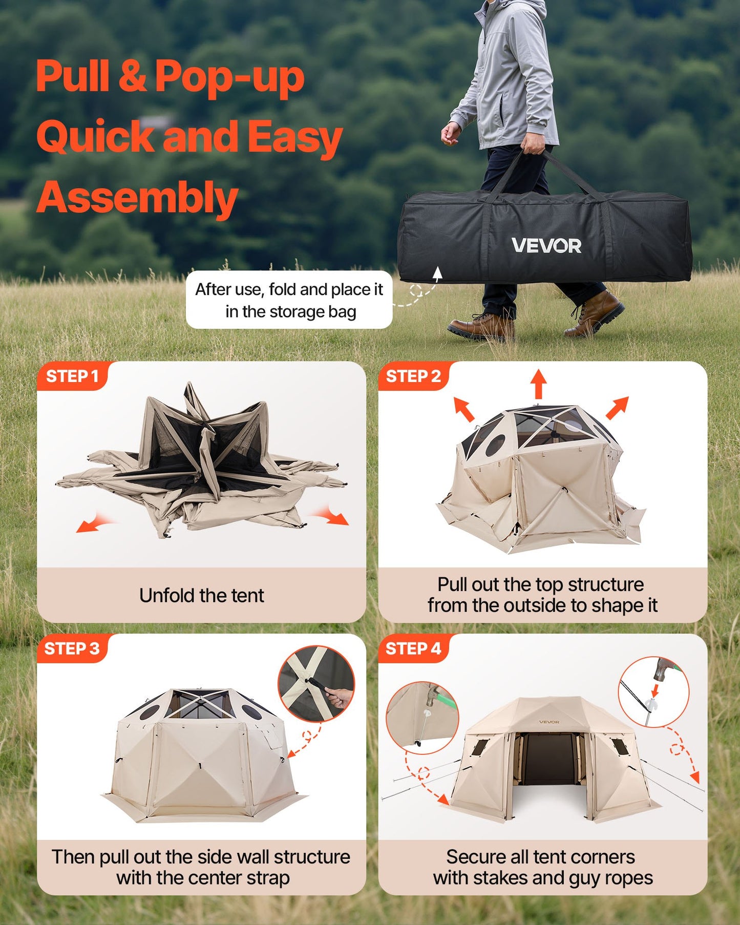 Pop up Gazebo Screen Tent, 4.57 x 4.57 m, 13-Sided Spherical Camping Canopy Tent with Removable Top & Carry Bag, Quick-Set & Bite-Proof, Screen House Sun Shelter for 12-15 Persons, Beige