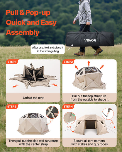 Pop up Gazebo Screen Tent, 4.57 x 4.57 m, 13-Sided Spherical Camping Canopy Tent with Removable Top & Carry Bag, Quick-Set & Bite-Proof, Screen House Sun Shelter for 12-15 Persons, Beige
