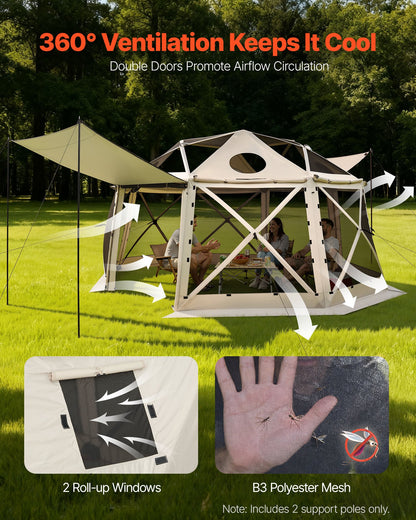 Pop up Gazebo Screen Tent, 4.57 x 4.57 m, 13-Sided Spherical Camping Canopy Tent with Removable Top & Carry Bag, Quick-Set & Bite-Proof, Screen House Sun Shelter for 12-15 Persons, Beige