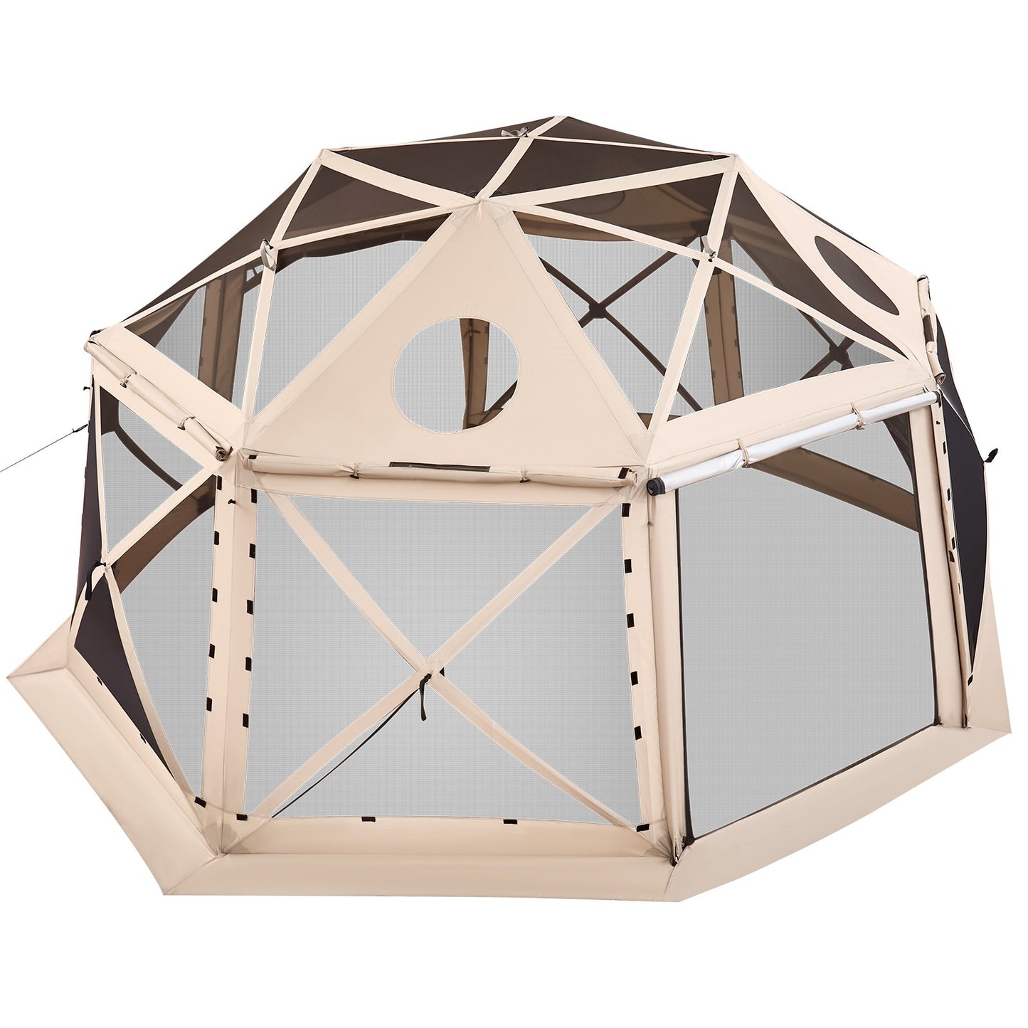 Pop up Gazebo Screen Tent, 4.57 x 4.57 m, 13-Sided Spherical Camping Canopy Tent with Removable Top & Carry Bag, Quick-Set & Bite-Proof, Screen House Sun Shelter for 12-15 Persons, Beige
