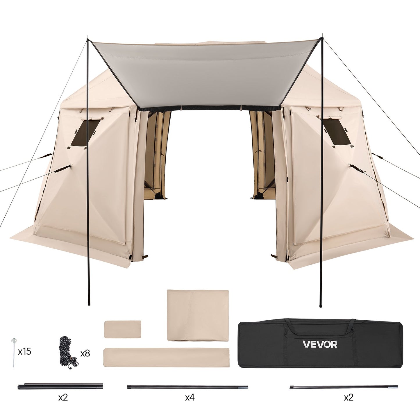 Pop up Gazebo Screen Tent, 4.57 x 4.57 m, 13-Sided Spherical Camping Canopy Tent with Removable Top & Carry Bag, Quick-Set & Bite-Proof, Screen House Sun Shelter for 12-15 Persons, Beige
