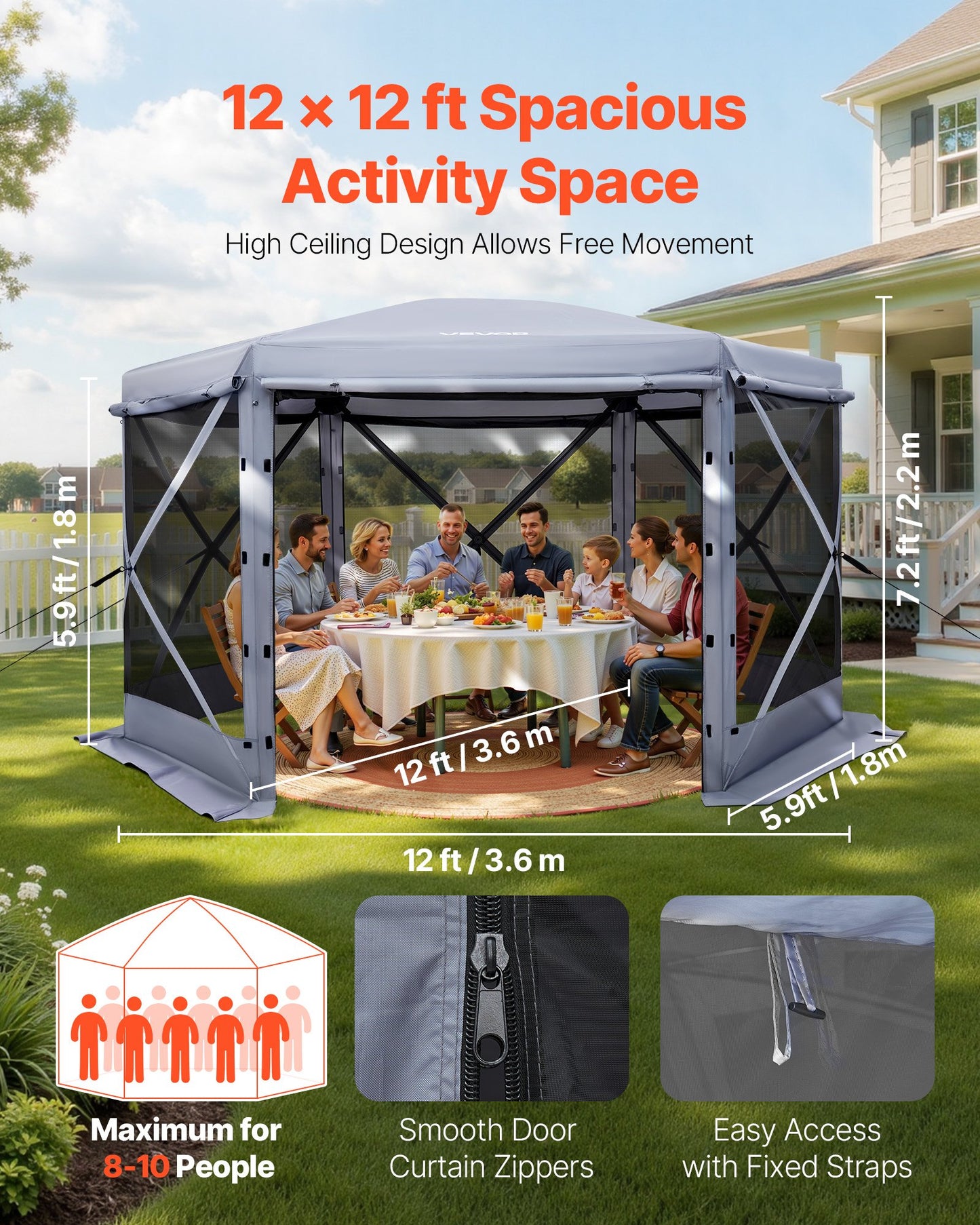 Pop up Gazebo Screen Tent, 3.6 x 3.6 m Large 6-Sided Camping Canopy Tent with Removable Top & Carry Bag, Quick-Set & Bite-Proof, Screen House Sun Shelter for 8-10 Persons Backyard Patio, Grey