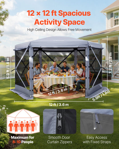 Pop up Gazebo Screen Tent, 3.6 x 3.6 m Large 6-Sided Camping Canopy Tent with Removable Top & Carry Bag, Quick-Set & Bite-Proof, Screen House Sun Shelter for 8-10 Persons Backyard Patio, Grey