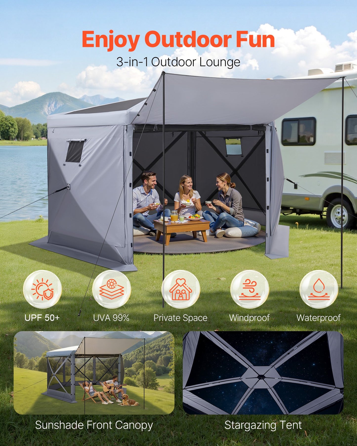 Pop up Gazebo Screen Tent, 3.6 x 3.6 m Large 6-Sided Camping Canopy Tent with Removable Top & Carry Bag, Quick-Set & Bite-Proof, Screen House Sun Shelter for 8-10 Persons Backyard Patio, Grey