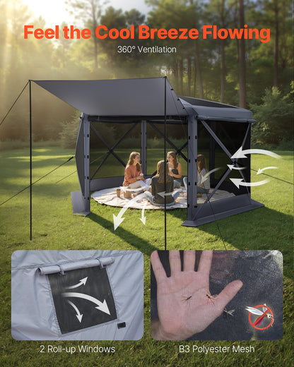 Pop up Gazebo Screen Tent, 3.6 x 3.6 m Large 6-Sided Camping Canopy Tent with Removable Top & Carry Bag, Quick-Set & Bite-Proof, Screen House Sun Shelter for 8-10 Persons Backyard Patio, Grey