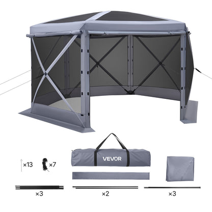 Pop up Gazebo Screen Tent, 3.6 x 3.6 m Large 6-Sided Camping Canopy Tent with Removable Top & Carry Bag, Quick-Set & Bite-Proof, Screen House Sun Shelter for 8-10 Persons Backyard Patio, Grey