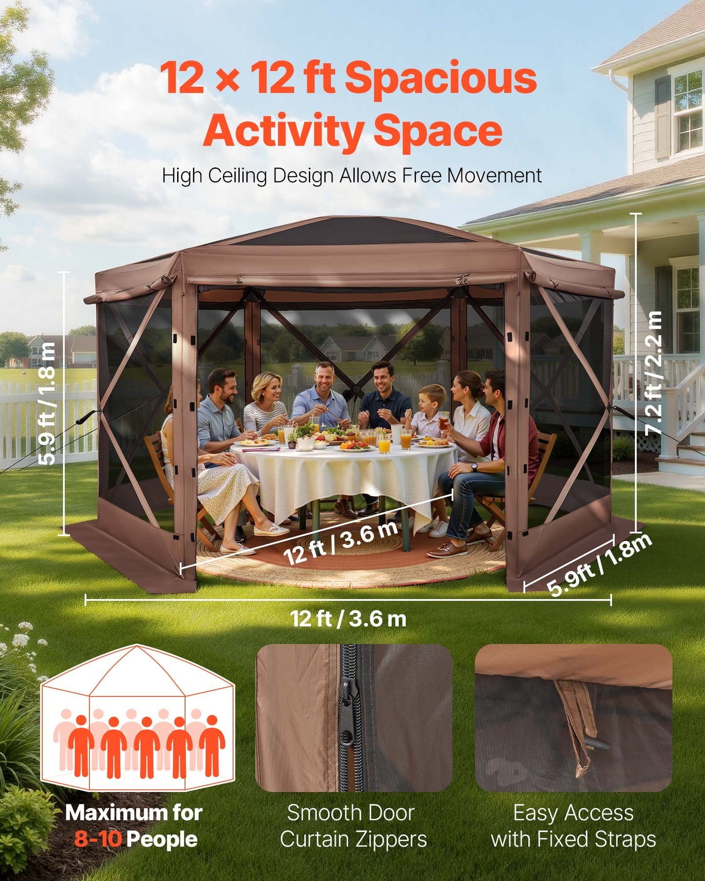 Pop up Gazebo Screen Tent, 3.6 x 3.6 m Large 6-Sided Camping Canopy Tent with Removable Top & Carry Bag, Quick-Set & Bite-Proof, Screen House Sun Shelter for 8-10 Persons Backyard Patio, Brown