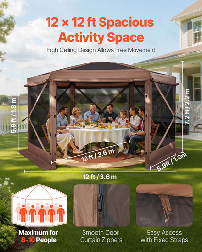 Pop up Gazebo Screen Tent, 3.6 x 3.6 m Large 6-Sided Camping Canopy Tent with Removable Top & Carry Bag, Quick-Set & Bite-Proof, Screen House Sun Shelter for 8-10 Persons Backyard Patio, Brown