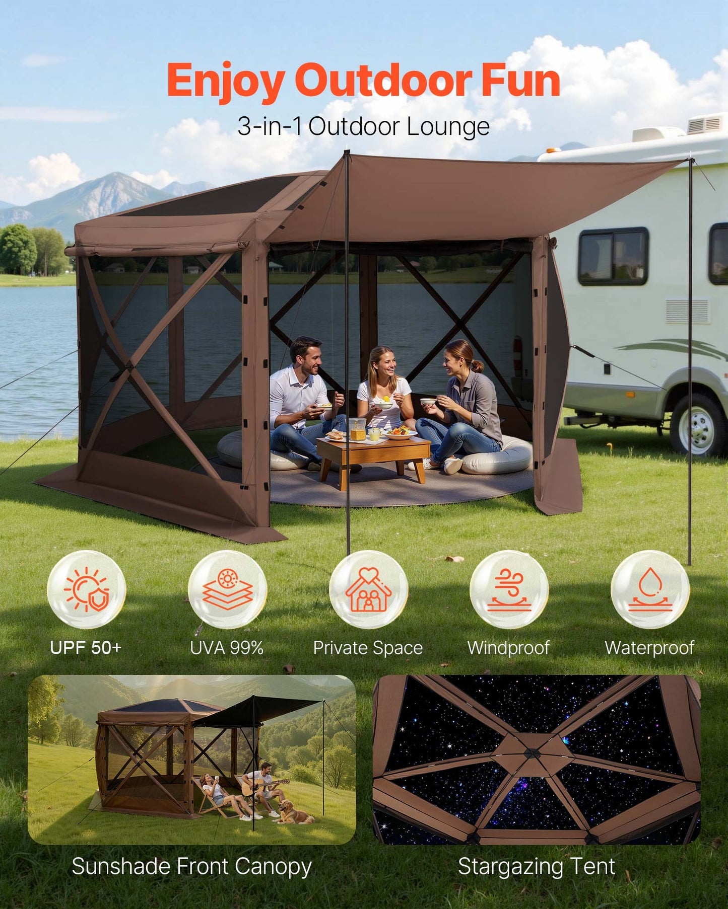 Pop up Gazebo Screen Tent, 3.6 x 3.6 m Large 6-Sided Camping Canopy Tent with Removable Top & Carry Bag, Quick-Set & Bite-Proof, Screen House Sun Shelter for 8-10 Persons Backyard Patio, Brown