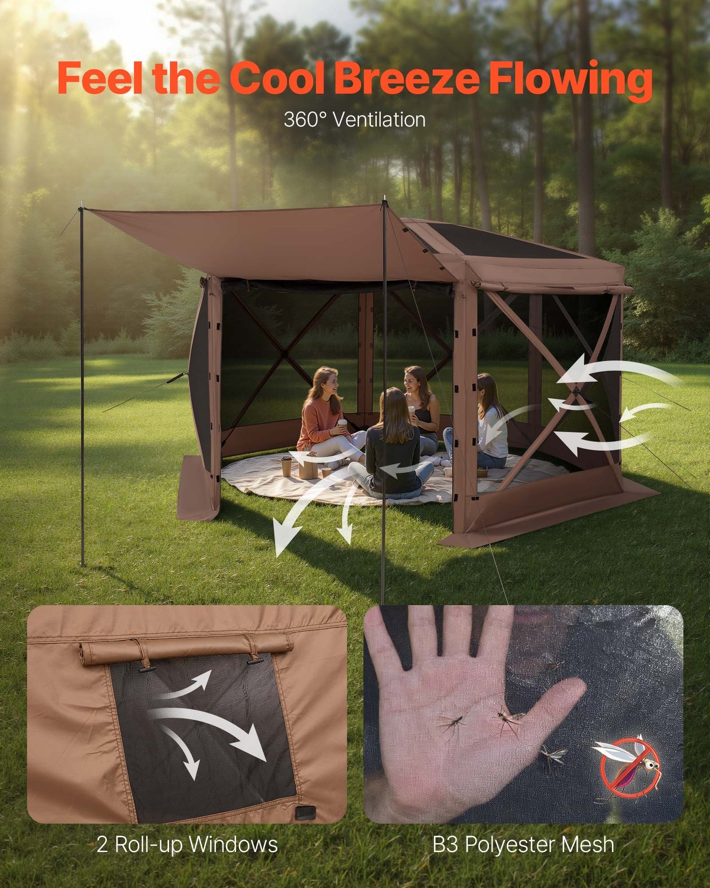 Pop up Gazebo Screen Tent, 3.6 x 3.6 m Large 6-Sided Camping Canopy Tent with Removable Top & Carry Bag, Quick-Set & Bite-Proof, Screen House Sun Shelter for 8-10 Persons Backyard Patio, Brown