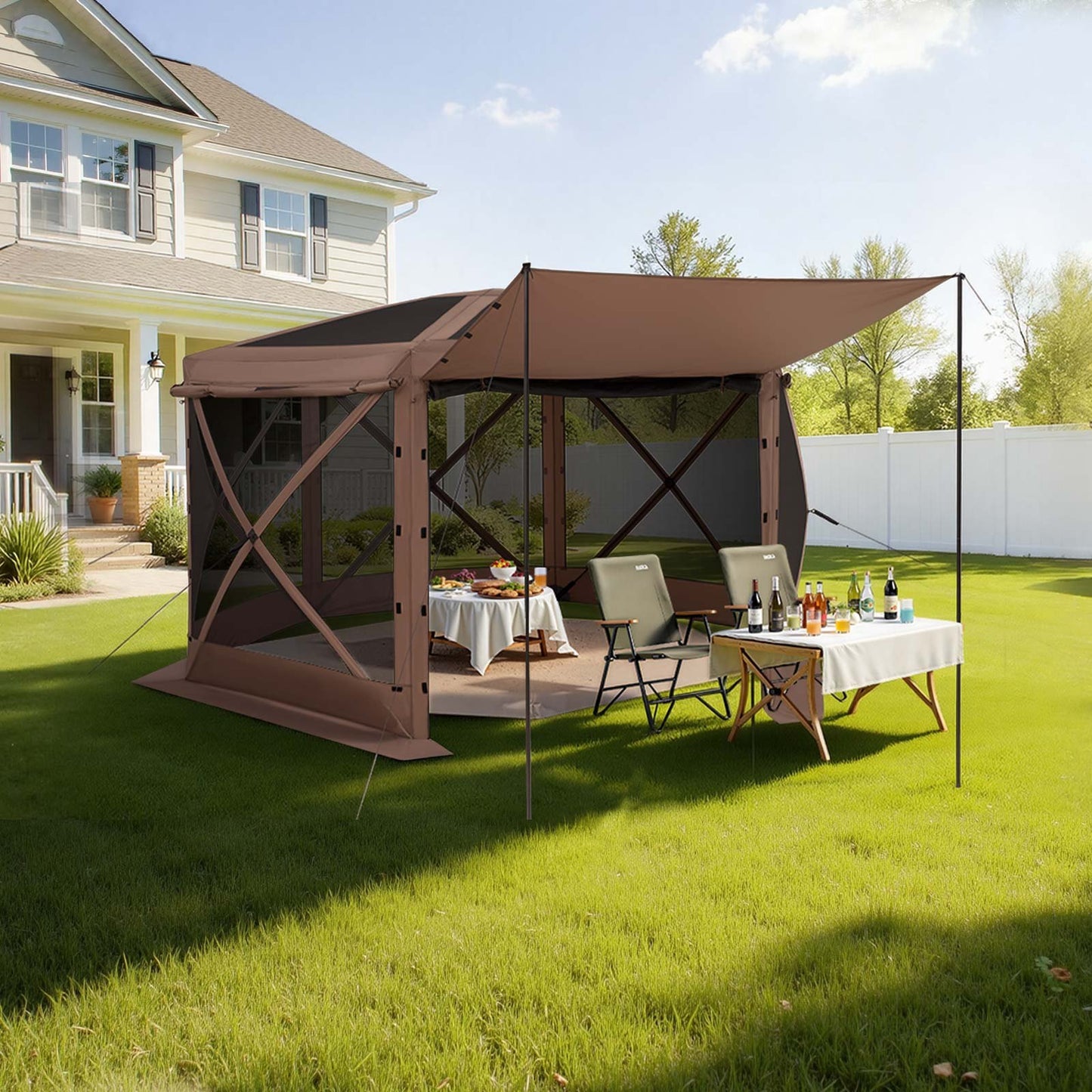 Pop up Gazebo Screen Tent, 3.6 x 3.6 m Large 6-Sided Camping Canopy Tent with Removable Top & Carry Bag, Quick-Set & Bite-Proof, Screen House Sun Shelter for 8-10 Persons Backyard Patio, Brown