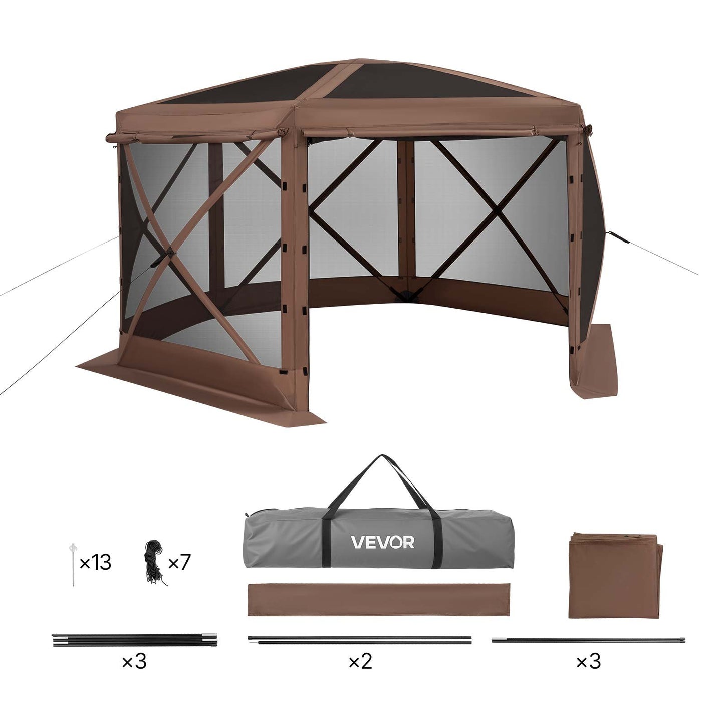 Pop up Gazebo Screen Tent, 3.6 x 3.6 m Large 6-Sided Camping Canopy Tent with Removable Top & Carry Bag, Quick-Set & Bite-Proof, Screen House Sun Shelter for 8-10 Persons Backyard Patio, Brown
