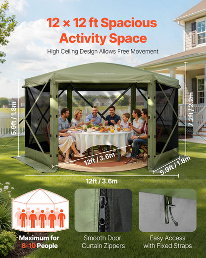 Pop up Gazebo Screen Tent, 3.6 x 3.6 m Large 6-Sided Camping Canopy Tent with Removable Top & Carry Bag, Quick-Set & Bite-Proof, Screen House Sun Shelter for 8-10 Persons Backyard Patio, Green