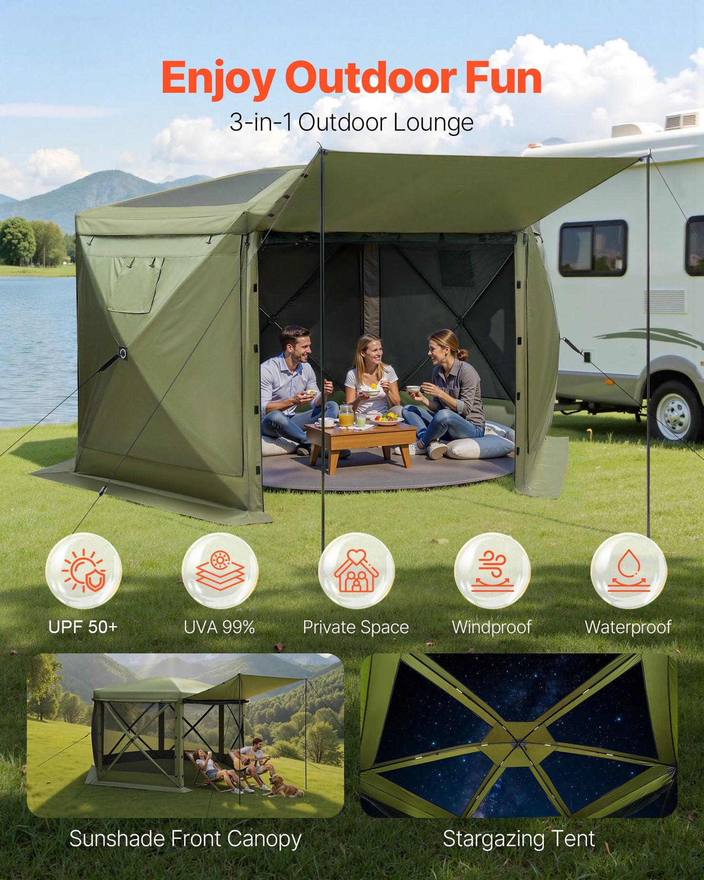 Pop up Gazebo Screen Tent, 3.6 x 3.6 m Large 6-Sided Camping Canopy Tent with Removable Top & Carry Bag, Quick-Set & Bite-Proof, Screen House Sun Shelter for 8-10 Persons Backyard Patio, Green