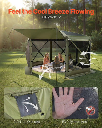 Pop up Gazebo Screen Tent, 3.6 x 3.6 m Large 6-Sided Camping Canopy Tent with Removable Top & Carry Bag, Quick-Set & Bite-Proof, Screen House Sun Shelter for 8-10 Persons Backyard Patio, Green