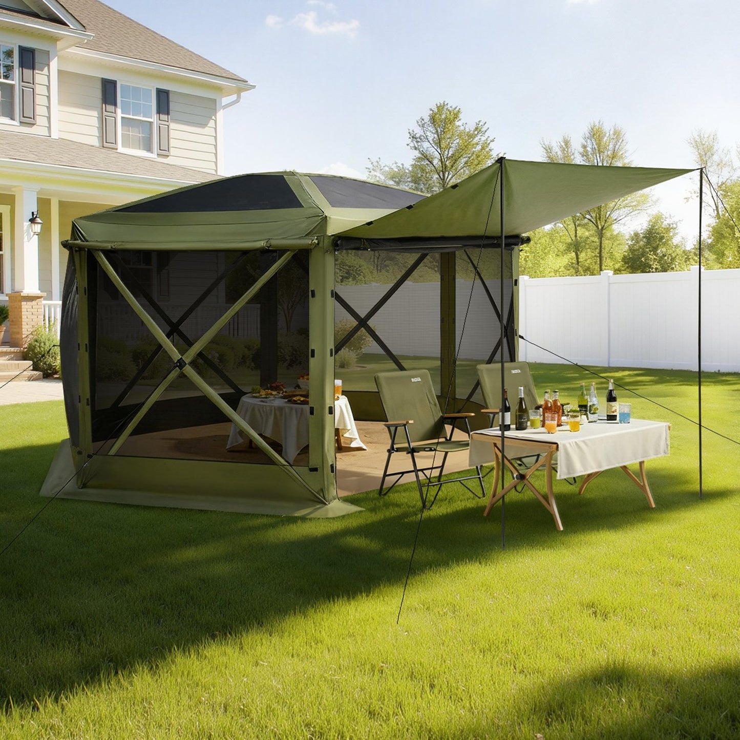 Pop up Gazebo Screen Tent, 3.6 x 3.6 m Large 6-Sided Camping Canopy Tent with Removable Top & Carry Bag, Quick-Set & Bite-Proof, Screen House Sun Shelter for 8-10 Persons Backyard Patio, Green