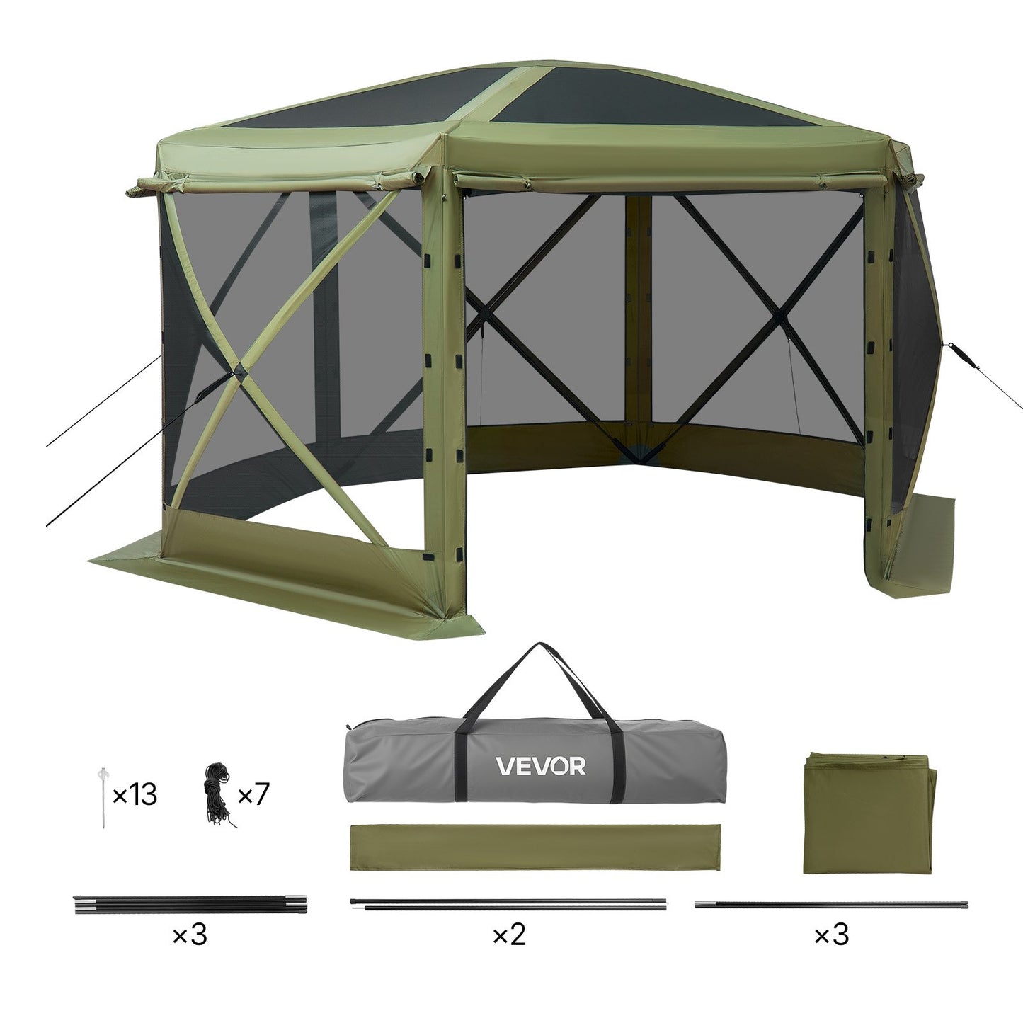 Pop up Gazebo Screen Tent, 3.6 x 3.6 m Large 6-Sided Camping Canopy Tent with Removable Top & Carry Bag, Quick-Set & Bite-Proof, Screen House Sun Shelter for 8-10 Persons Backyard Patio, Green
