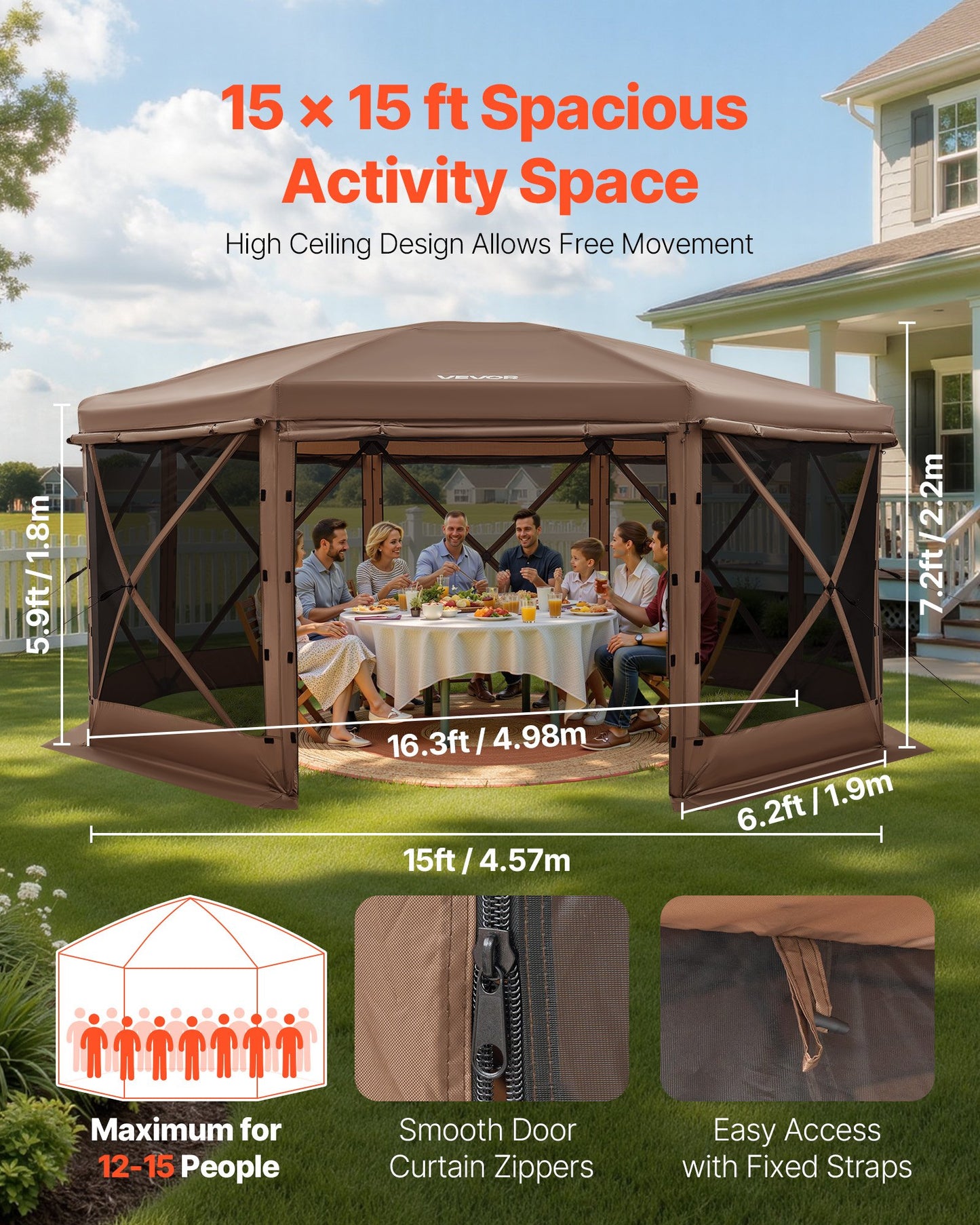 Pop up Gazebo Screen Tent, 4.57x4.57 m Large 8-Sided Camping Canopy Tent with Removable Top & Carry Bag, Quick-Set & Bite-Proof, Screen House Sun Shelter for 12-15 Persons Backyard Patio, Brown