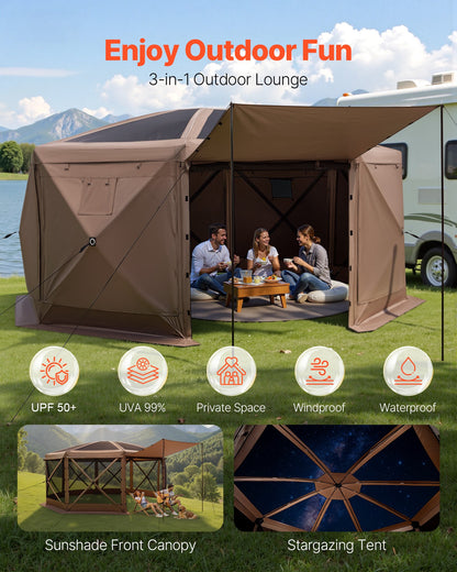 Pop up Gazebo Screen Tent, 4.57x4.57 m Large 8-Sided Camping Canopy Tent with Removable Top & Carry Bag, Quick-Set & Bite-Proof, Screen House Sun Shelter for 12-15 Persons Backyard Patio, Brown