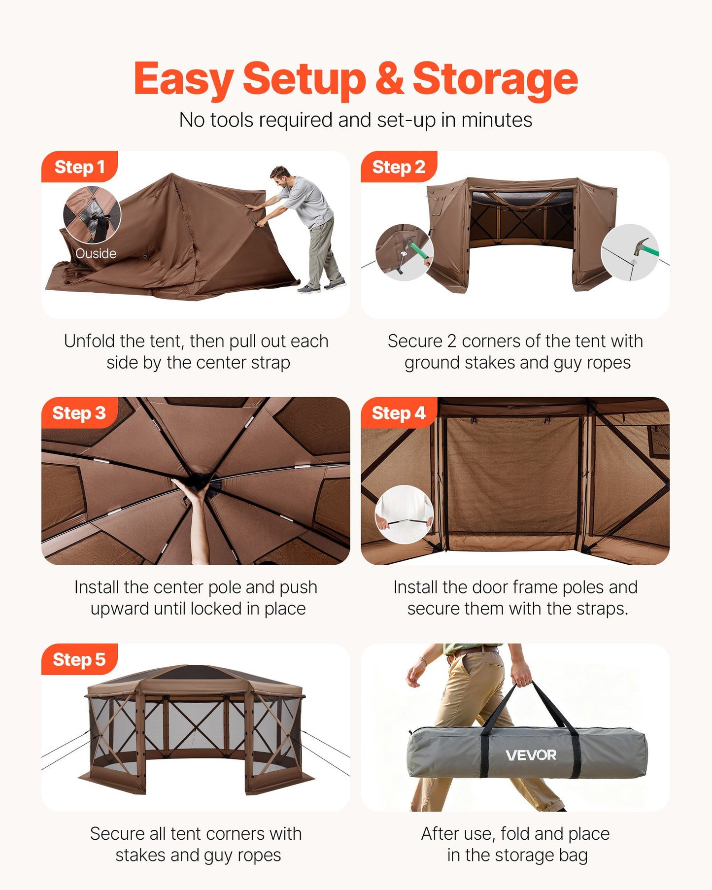 Pop up Gazebo Screen Tent, 4.57x4.57 m Large 8-Sided Camping Canopy Tent with Removable Top & Carry Bag, Quick-Set & Bite-Proof, Screen House Sun Shelter for 12-15 Persons Backyard Patio, Brown