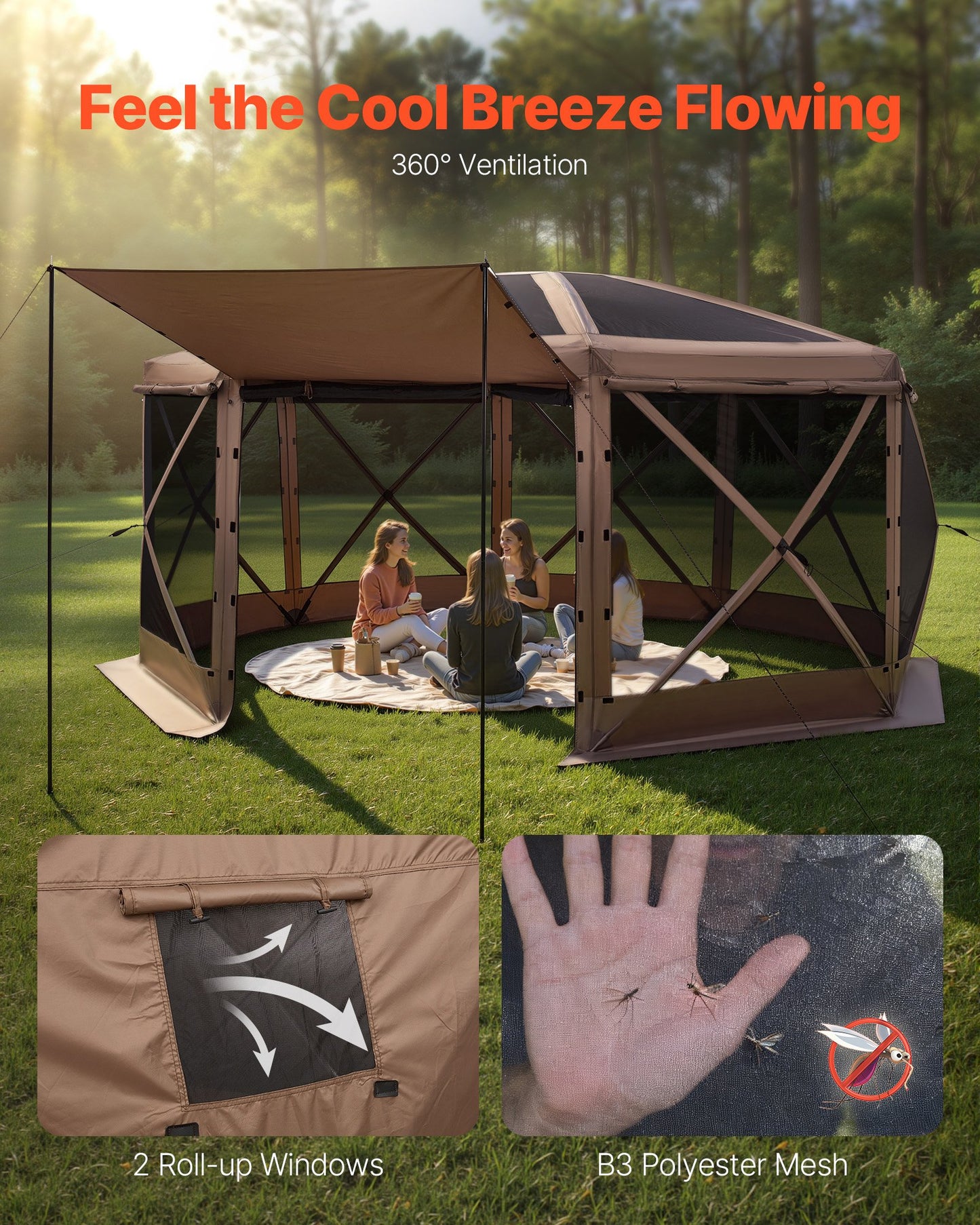 Pop up Gazebo Screen Tent, 4.57x4.57 m Large 8-Sided Camping Canopy Tent with Removable Top & Carry Bag, Quick-Set & Bite-Proof, Screen House Sun Shelter for 12-15 Persons Backyard Patio, Brown