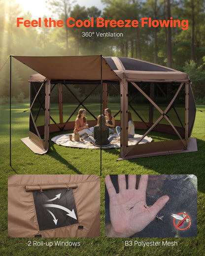 Pop up Gazebo Screen Tent, 4.57x4.57 m Large 8-Sided Camping Canopy Tent with Removable Top & Carry Bag, Quick-Set & Bite-Proof, Screen House Sun Shelter for 12-15 Persons Backyard Patio, Brown