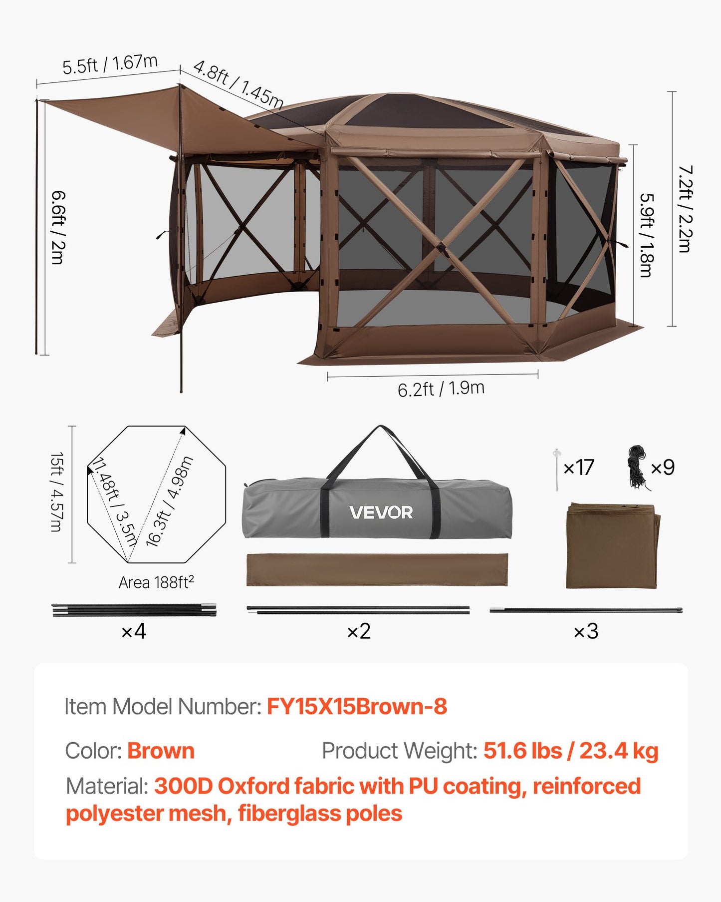 Pop up Gazebo Screen Tent, 4.57x4.57 m Large 8-Sided Camping Canopy Tent with Removable Top & Carry Bag, Quick-Set & Bite-Proof, Screen House Sun Shelter for 12-15 Persons Backyard Patio, Brown
