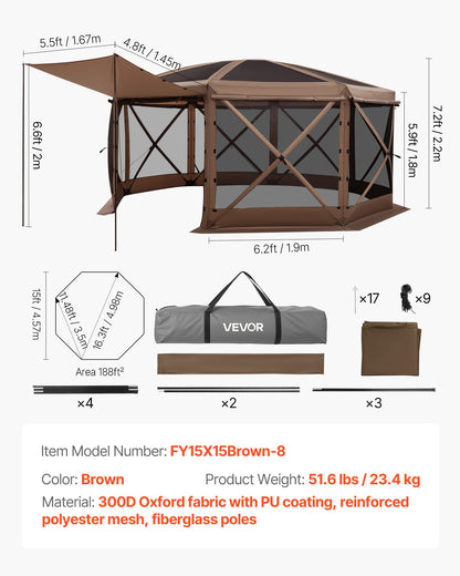 Pop up Gazebo Screen Tent, 4.57x4.57 m Large 8-Sided Camping Canopy Tent with Removable Top & Carry Bag, Quick-Set & Bite-Proof, Screen House Sun Shelter for 12-15 Persons Backyard Patio, Brown