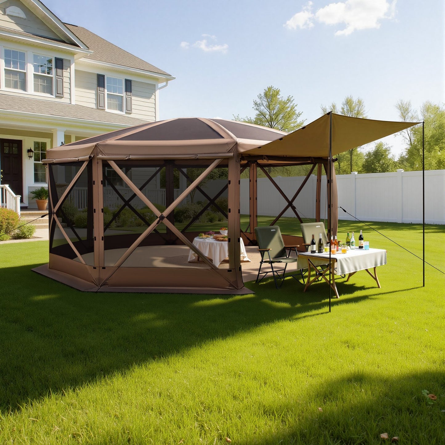Pop up Gazebo Screen Tent, 4.57x4.57 m Large 8-Sided Camping Canopy Tent with Removable Top & Carry Bag, Quick-Set & Bite-Proof, Screen House Sun Shelter for 12-15 Persons Backyard Patio, Brown